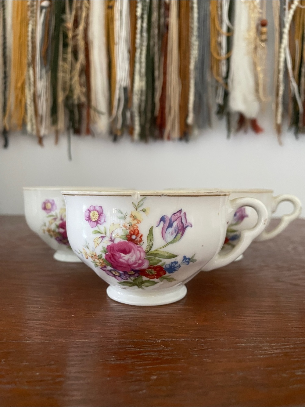 Floral Vintage Porcelain Teacup Set in White with Pink & Purple Flowers
